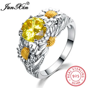 

JUNXIN Yellow Round Zircon Daisy Flower Rings for Women 100% Real Silver Color Jewelry Fashion Birthstone Wedding Ring