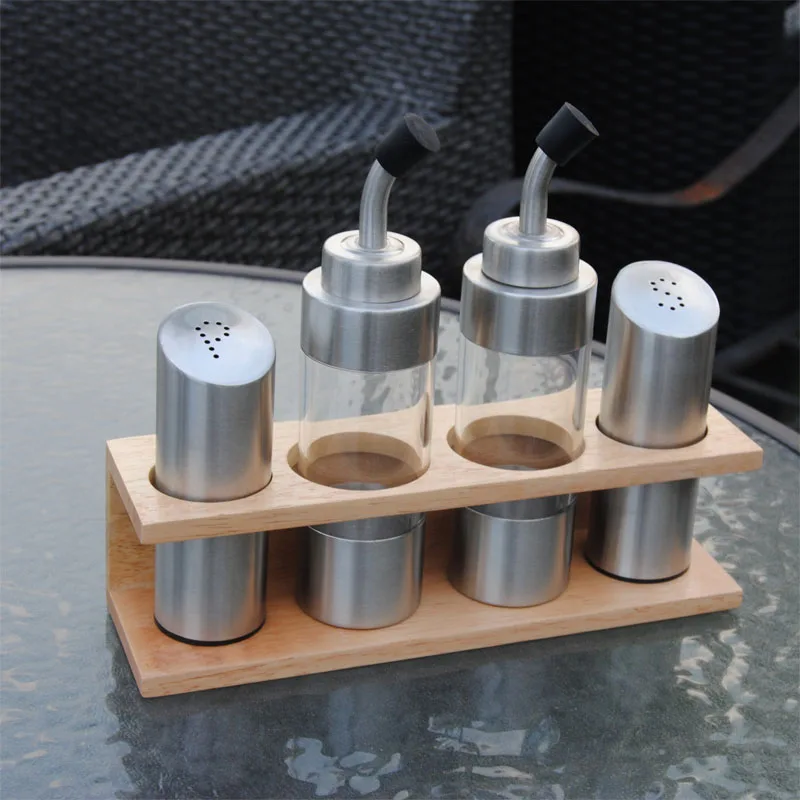 New 4pcs Stainless Steel Olive Oil Vinegar Salt Pepper Shakers w/Two Layered wood Stand Kitchen