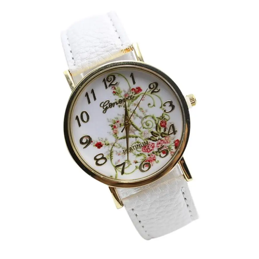 Женские часы кожаный ремешок модные женские часы с цветочным узором золотые аналоговые кварцевые наручные часы женские часы Jan15 - Цвет: Белый