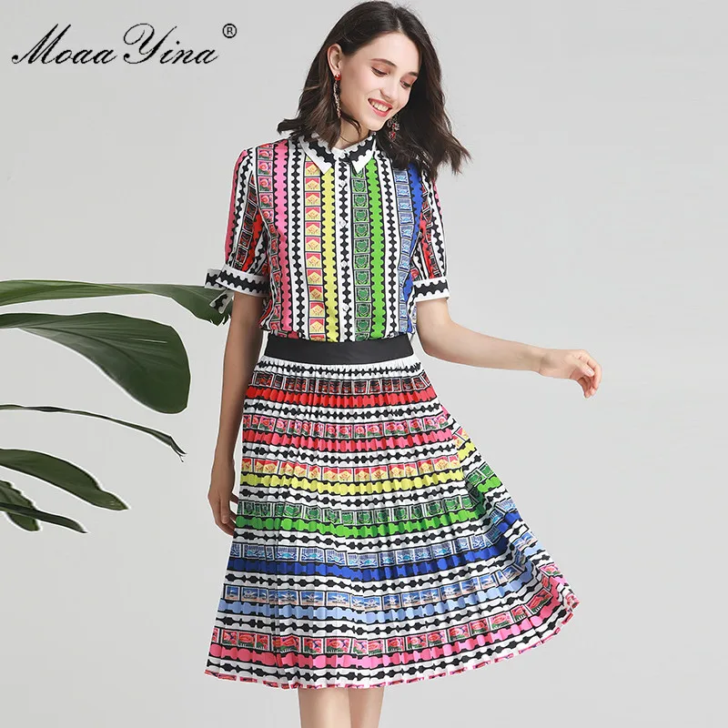 Модный дизайнерский комплект moaayina, весна-лето, Женская Полосатая Рубашка с коротким рукавом и бантом, Топы+ юбка, костюм из двух предметов