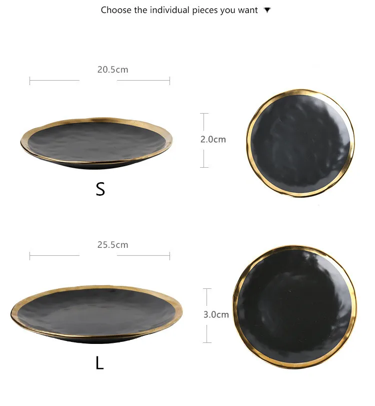 Европейский стиль, Золотая Сторона, черная тарелка, столовая посуда в ретро стиле, матовая тарелка для стейка, десертный поднос, кухонные обеденные тарелки, керамические тарелки