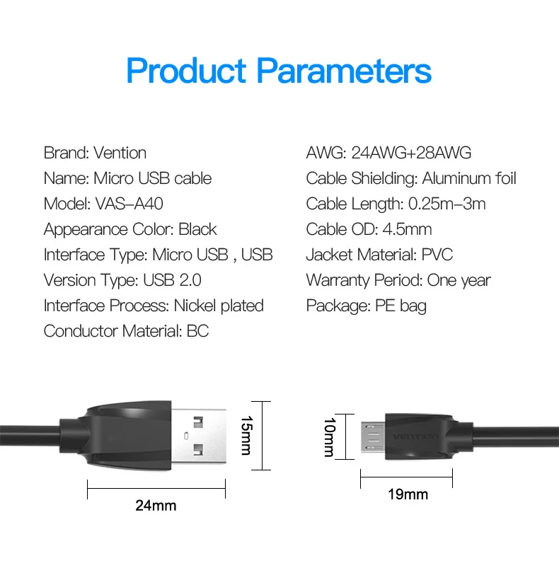 Vention Micro USB кабель 1 м 2 м 3 м 55v2a Быстрая зарядка кабель зарядного устройства микро-usb для samsung Xiaomi LG huawei Android Phone