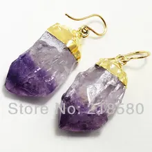 H-qe02 5 пар/лот услышав камень кристалл сырье аметисты точка Висячие серьги 24 К золото Цвет