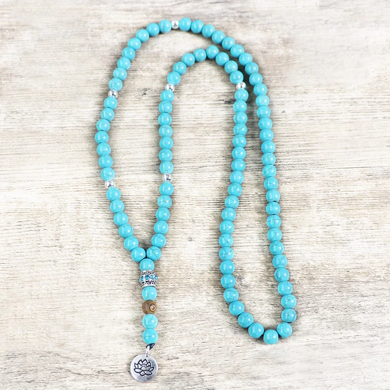 

Boho Jewelry Blue TurquoiseStone Mala Rosary Beads With Meditation Lotus Tree of Life Buddha Charm Long Necklaces Pendants