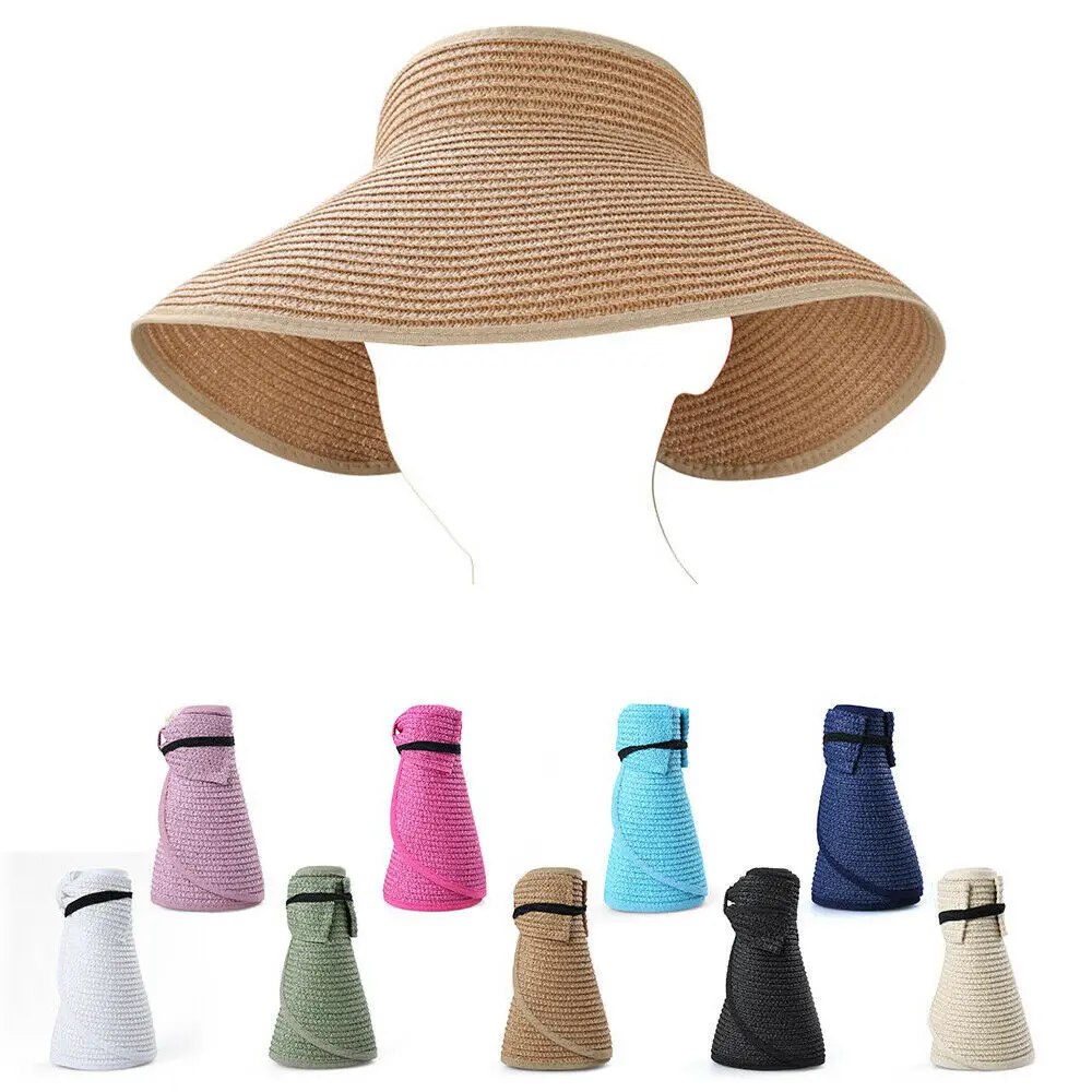 حار النساء السيدات الصيف واسعة حافة نشمر طوي الشمس الشاطئ القش قبعة بواقٍ للشمس كاب