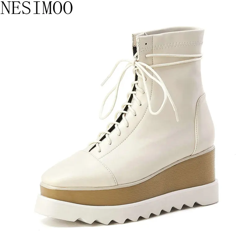 

NESIMOO 2019 Fashion Women Ankle Genuine Leather Lace Up Round Toe Elegant Casual Solid Fashion All Match Shoes Size 34-39