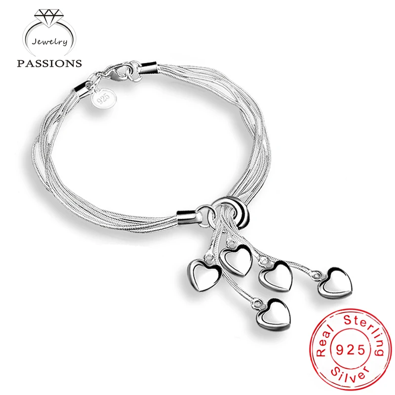 

New Arrival Fashion 925 Sterling Silver Bracelets Elegant Multilayer Love Heart Tassel Pendan Chain Bracelet For Women jewelry