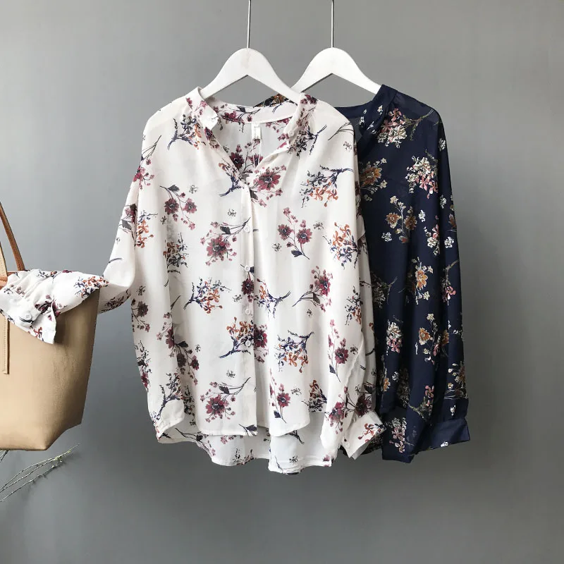 

Spring Summer Thin Chiffon Blouses Women Temperament V Neck Floral Print Retro Shirts Female Casual Transparent Chic Blusas