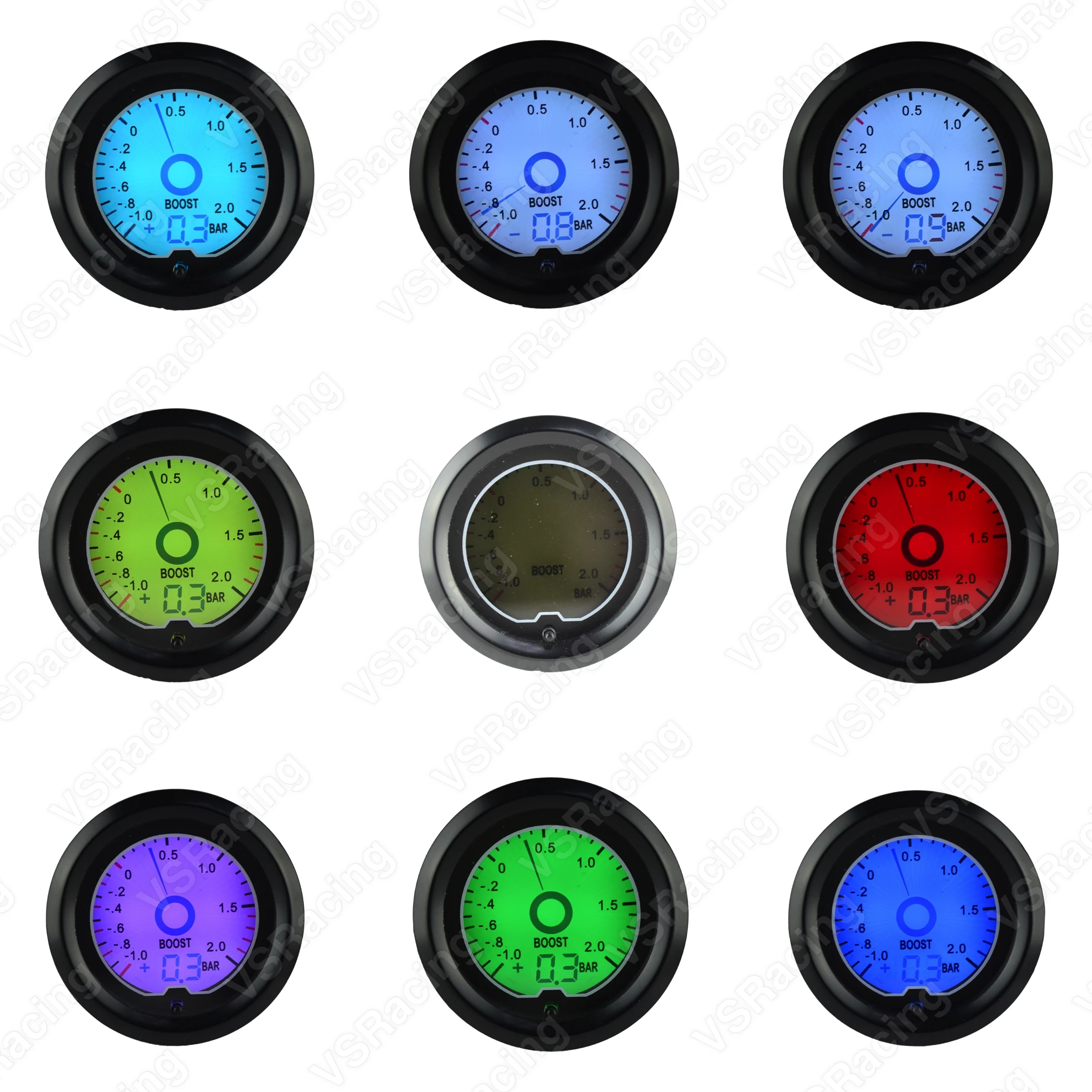 VSRacing 52mm 7 Color Racing Gauge LCD Digital Display Turbo Boost