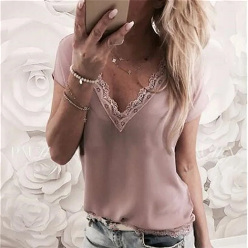 

Fashion Summer Lace T Shirt Women Chiffon V-Neck Top Loose Short Sleeve Tshirt Tops Women Casual Clothes Camiseta Mujer