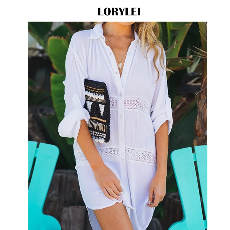 

2019 Summer Women Plus Size Beachwear White Cotton Tunic Beach Tops Blouse Swim Suit Cover Up Bikini Wrap Dress Sarongs N718