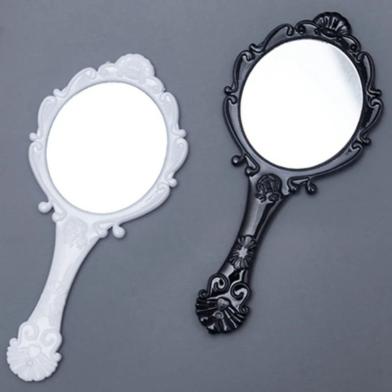 Retro Pattern Handle Makeup Mirror Portable Lace Hand Held Make up