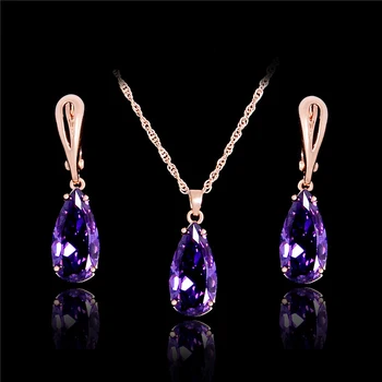 

QCOOLJLY Shiny Water-Shape Cubic Zirconia Jewelry Sets Gold Color CZ Collar Pendant Necklace Earrings Jewelry Gift bisuteria