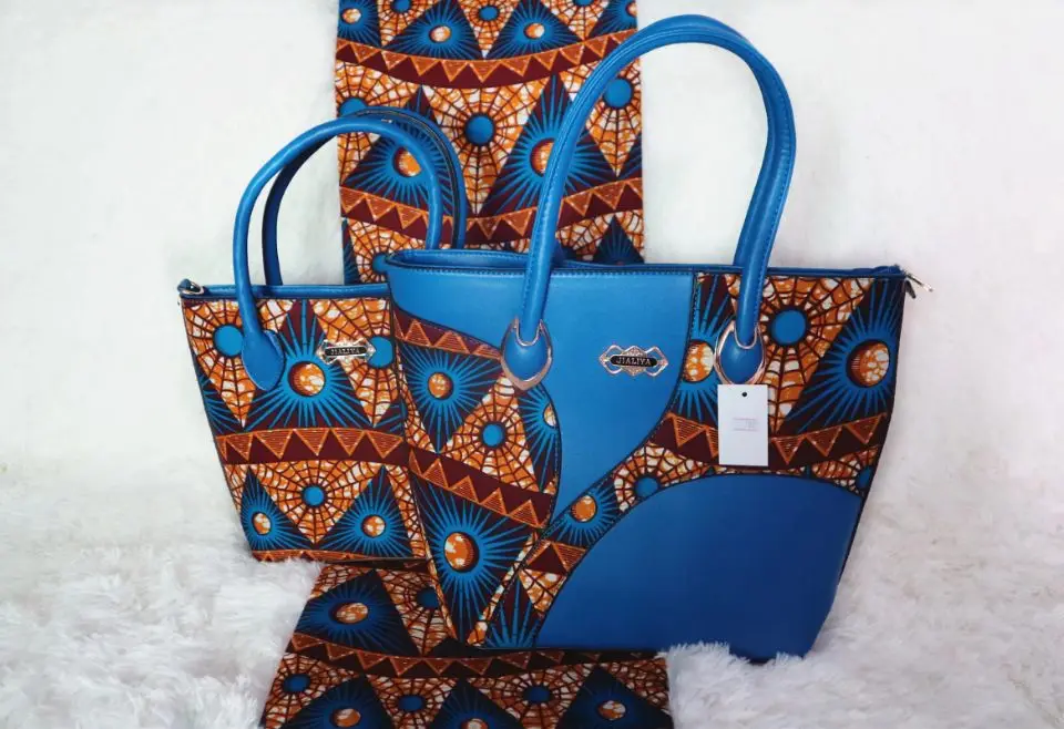 

6Yards High grade colorful background printed pattern hollandais batik wax match african two blue big handbag set for party XB6