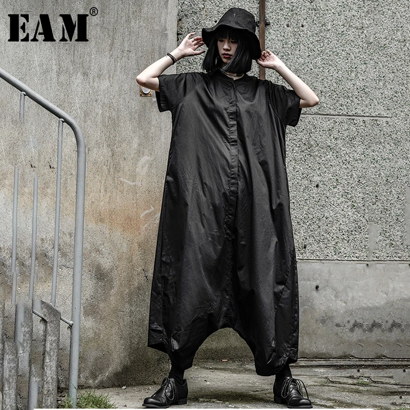 

[EAM] 2019 New Autumn Winter High Waist Stand Collar Brief Stitch Loose Wide Leg Long Pants Women Jumpsuit Fashion Tide JW459