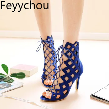 

Women Sandals Super High Heels Flock Zip Peep Toe Thin Heels Cross-tied New Sexy Fashion European and American Style Hollow