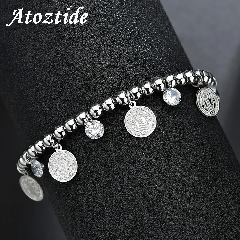 

Atoztide Classic Christian Jesus Coin Bracelet For Women Adjustable Stainless Steel Clear Crystal Silver Color Beaded Bracelet
