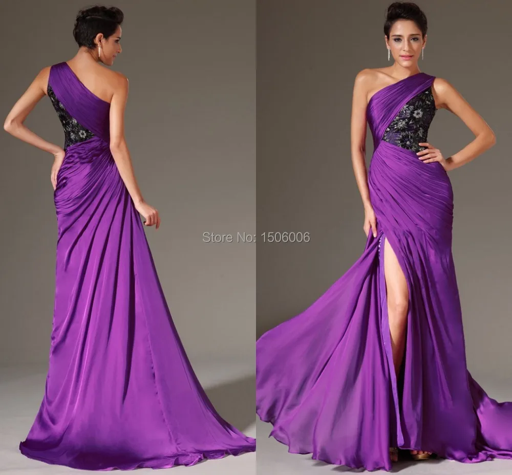Bright Purple See through Prom Dresses Black Lace appliques One ...