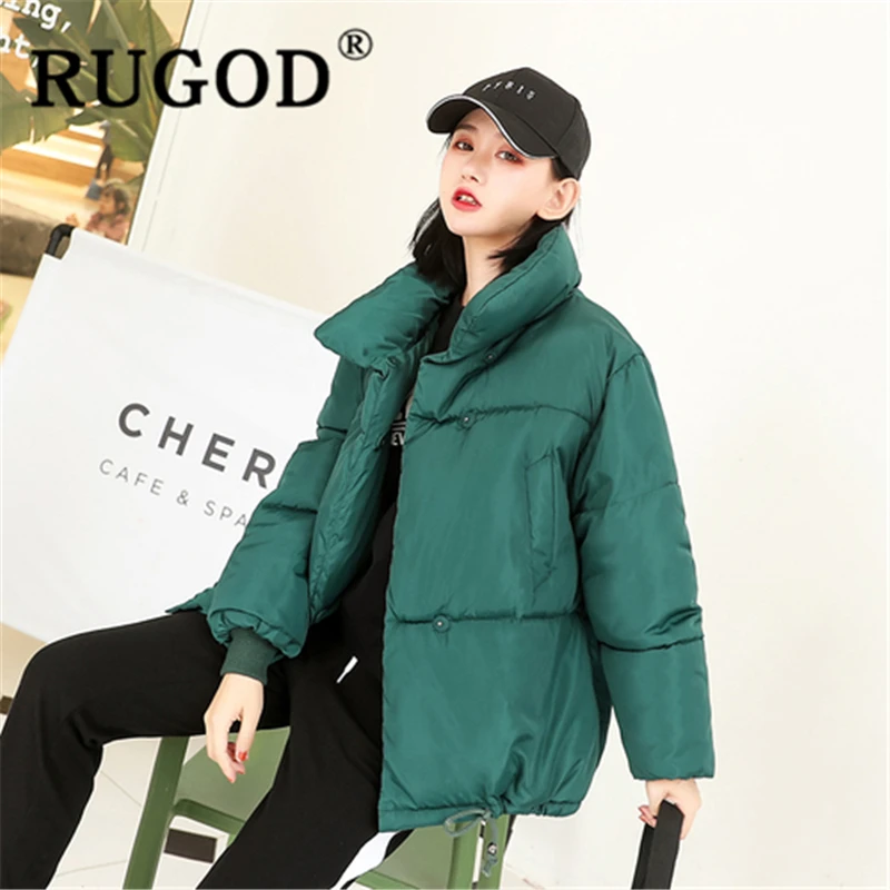 

RUGOD Women solid warm coat standing collar covered button thick plus size winter coat new fashion female casual modis korean