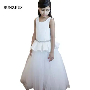 

Top Satin Peplum A-Line Flower Girls Dresses Scoop Beaded Waist Special Occasion Dresses for Kids White Tulle Skirt SF17