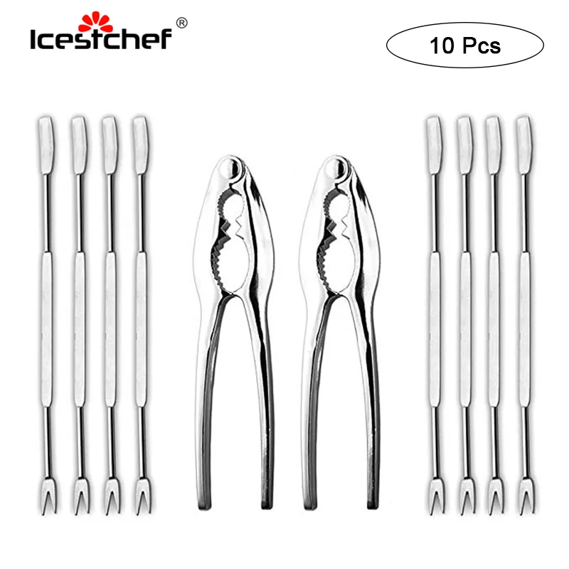 

ICESTCHEF 10Pcs Lobster Crab Seafood Tools Set Stainless Steel Crab Crack Tools Seafood Forks Kitchen Tools