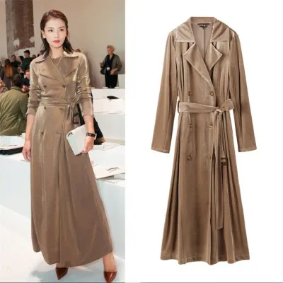 

Women's gold velvet coat autumn long slim coats double-breasted outerwear with belt trench coat casual tops
