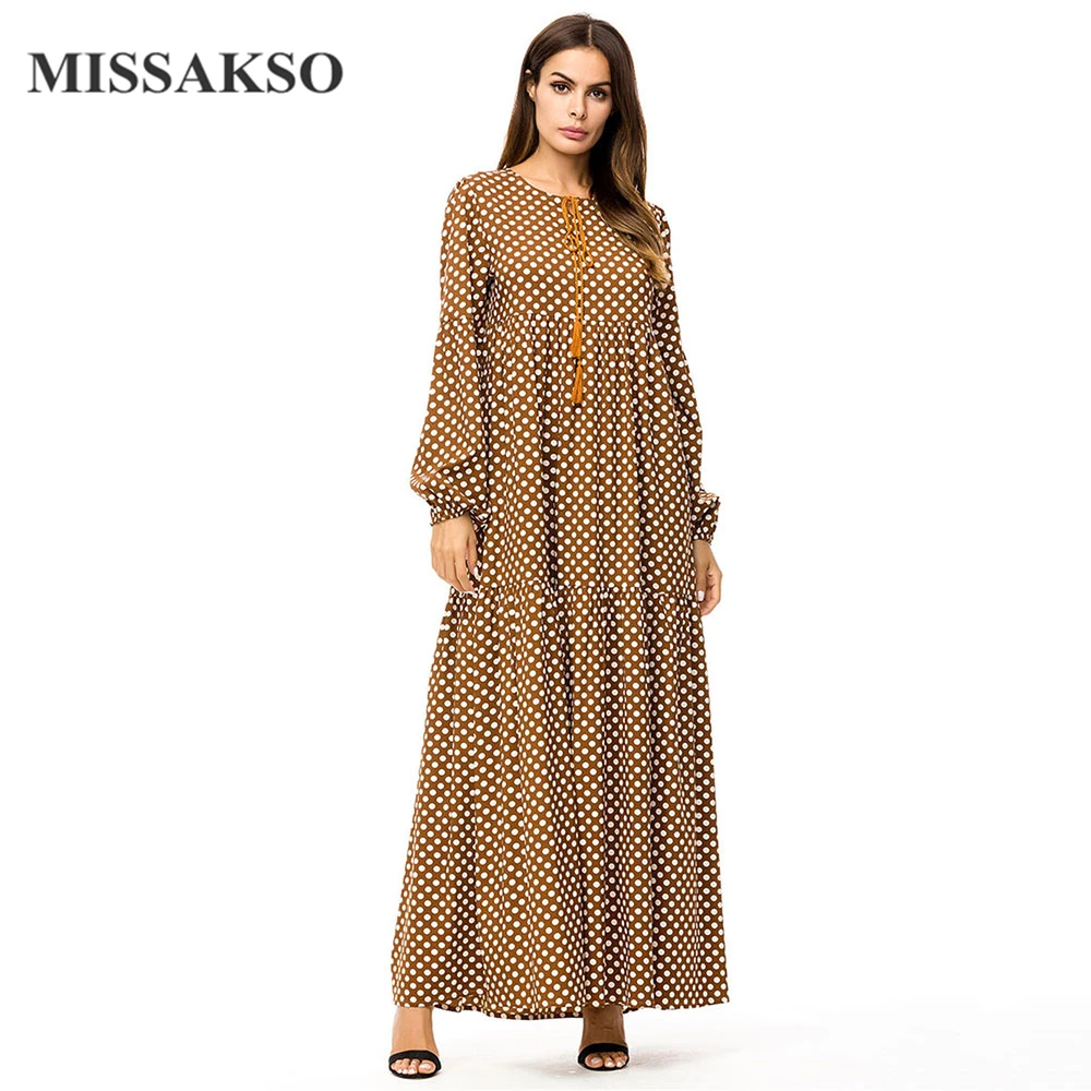 Missakso الحلو أنيقة النساء اللباس خمر عارضة شرابة نقطة ألف خط طويل الأكمام الشتاء فضفاض عالية الخصر سيدة ماكسي براون اللباس