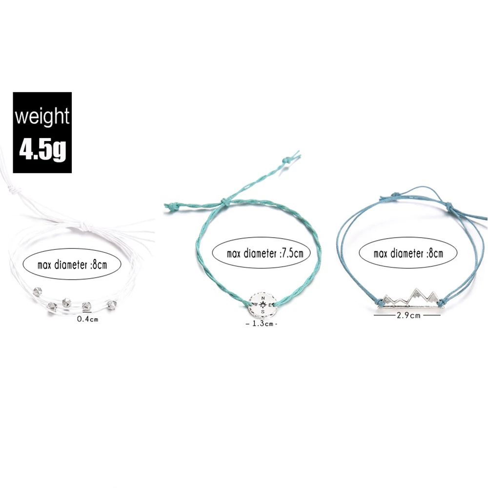 3 шт./компл. Женская Мода серебристый компас горы в виде геометрических фигур Плетеный веревочный с бусинами браслет в богемном стиле ретро ювелирные изделия аксессуары