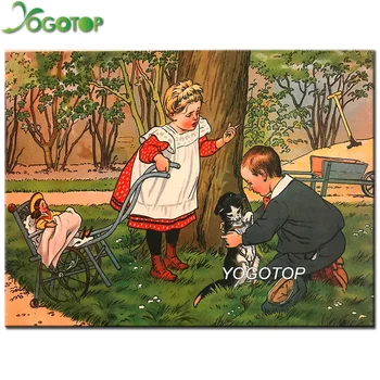 

YOGOTOP DIY Diamond Painting Cross Stitch Two children playing Needlework 5D Diamond Mosaic Full Diamond Embroidery VD024