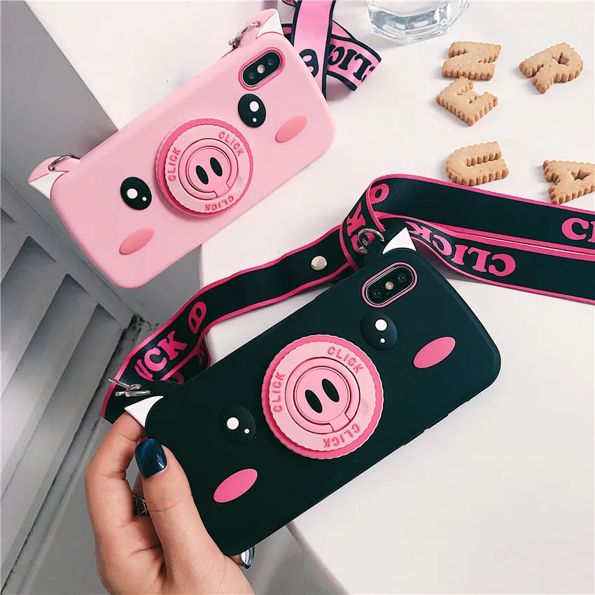 

Cartoon Camera Piggy For iphone X 6 6s 7 8 6plus 6splus 7plus 8plus Cell Phone Case Bracket Lanyard Silicone Phone Case(Pink)