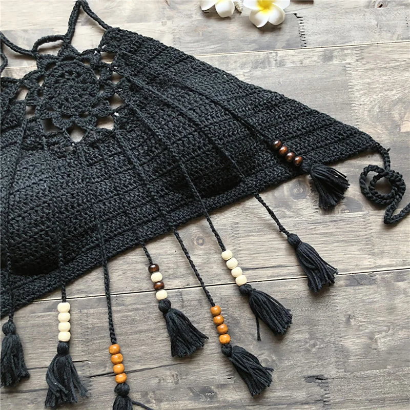 Boho пляж бикини Холтер Cami женщины крючком кружева Bralette вязать бюстгальтер Танк укороченный топ