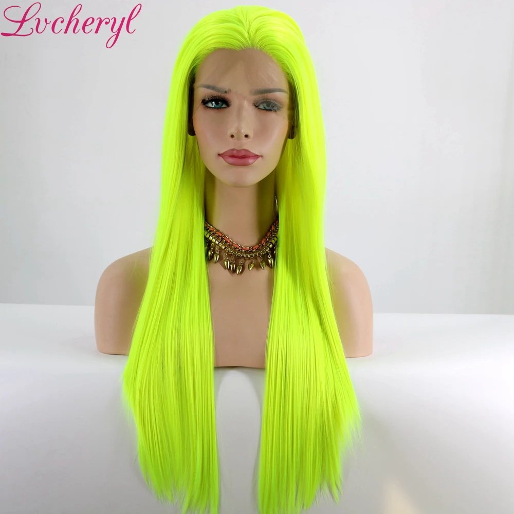 

Lvcheryl Natural Long Silky Straight Neon Yellow Color Heat Resistant Synthetic Lace Front Wigs Cosplay Party Makeup Wigs
