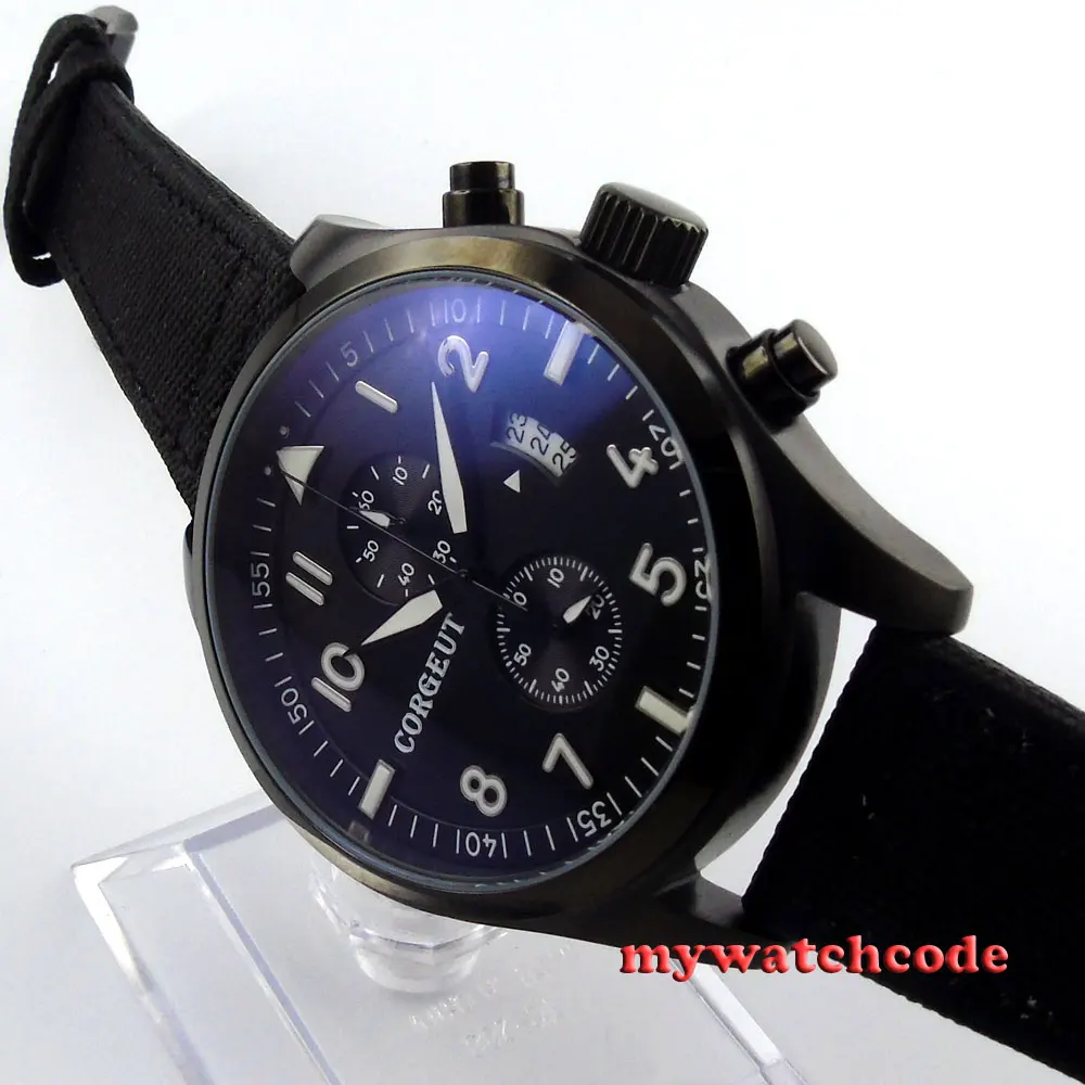 

46mm corgeut black dial PVD tripe day quartz chronograph mens watch C29