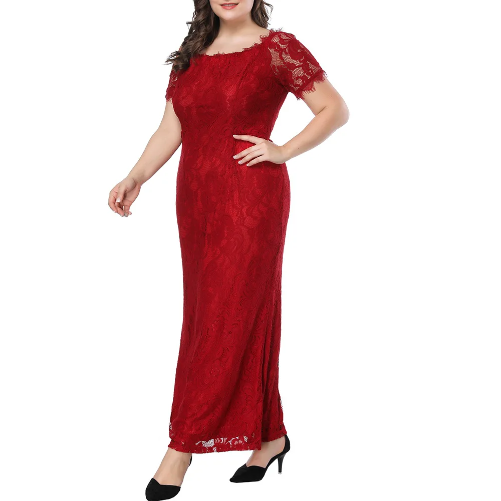 Summer Casual Women Elegant Plus Size Sexy Lace Bodycon Dress Short Sleeves Slash Neck Evening Party Maxi Dresses Dresses