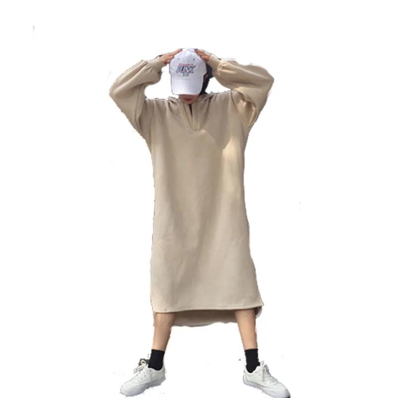 

New 2018 Women Autumn Casual Loose Long Hoodies Sweatshirt Long Sleeve Hooded Dress Fashion Solid Color Dresses Vestidos