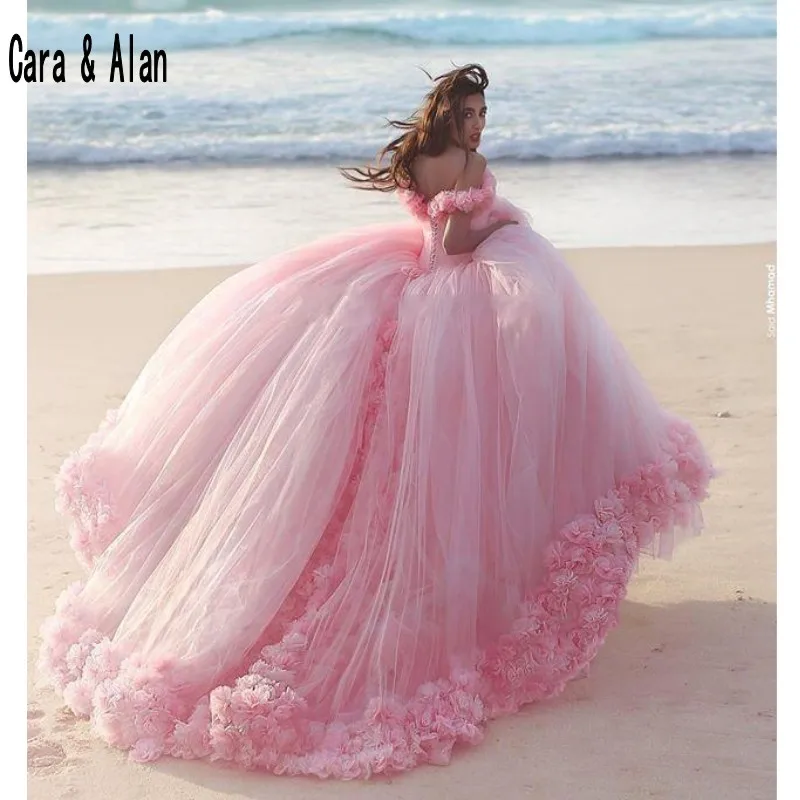 

New Puffy Skirt Pink Princess Quinceanera Dresses 3D Flowers vestidos de 15 anos Bridal Gowns Chapel Train