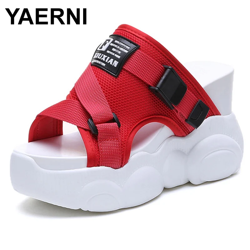 

YAERNI Women's Sandals 2019 Summer Thick Bottom Wedges Platform Sandals Open Toe Mesh Slip on Casual Slides Shoes WomanE996