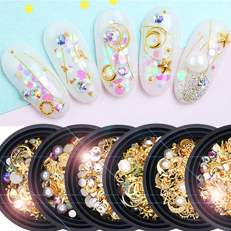 

3D Nail Rhinestones Rivet Studs Mixed Styles Hollow Star Moon Shape Flat Bottom Crystal Glitter Nail Art Decoration Design