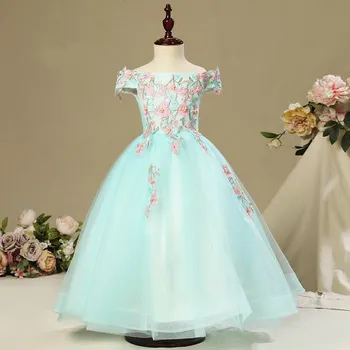 

Elegant Shoulderless Appliques Green Tulle Flower Girl Dress Kid Party Dress Wedding Gown Girls First Communion Dresses Princess
