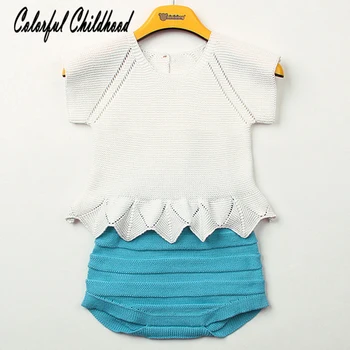 

Sweet princess girls clothing set summer handmade knitted vest+stripe shorts 2pc sets toddler baby suits 0-24m