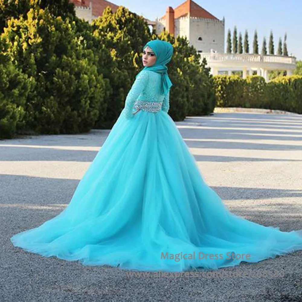 Wedding Turquoise Wedding Dresses popular turquoise bridal dresses buy cheap long sleeve muslim wedding dress with crystals 2016 ball gown tulle train lace bridal