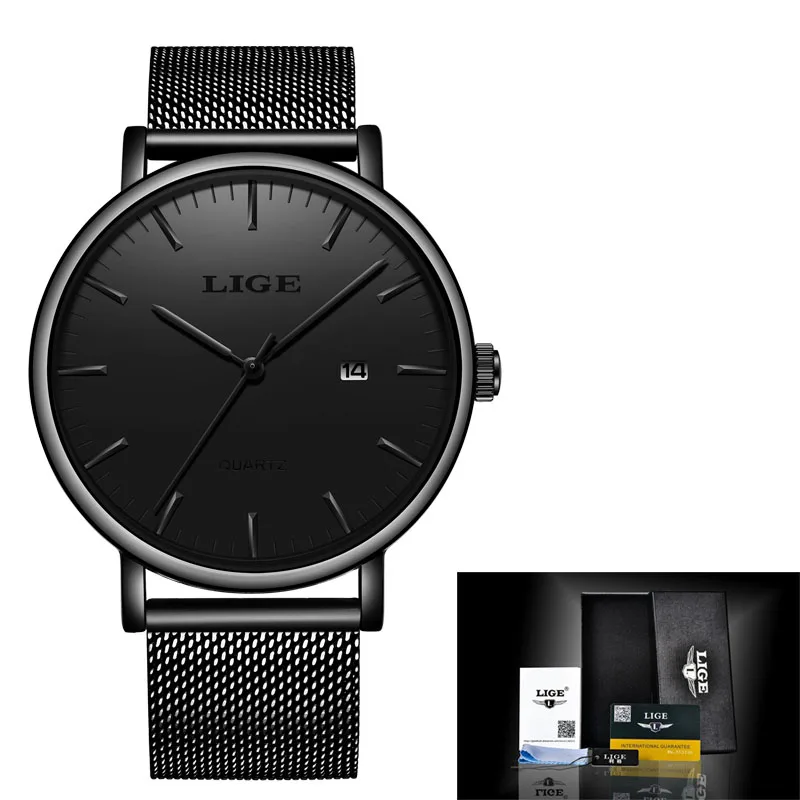 LIGE новые мужские часы s мужские модные простые тонкие часы с циферблатом из нержавеющей стали для мужчин Роскошные повседневные водонепроницаемые кварцевые часы - Цвет: All black