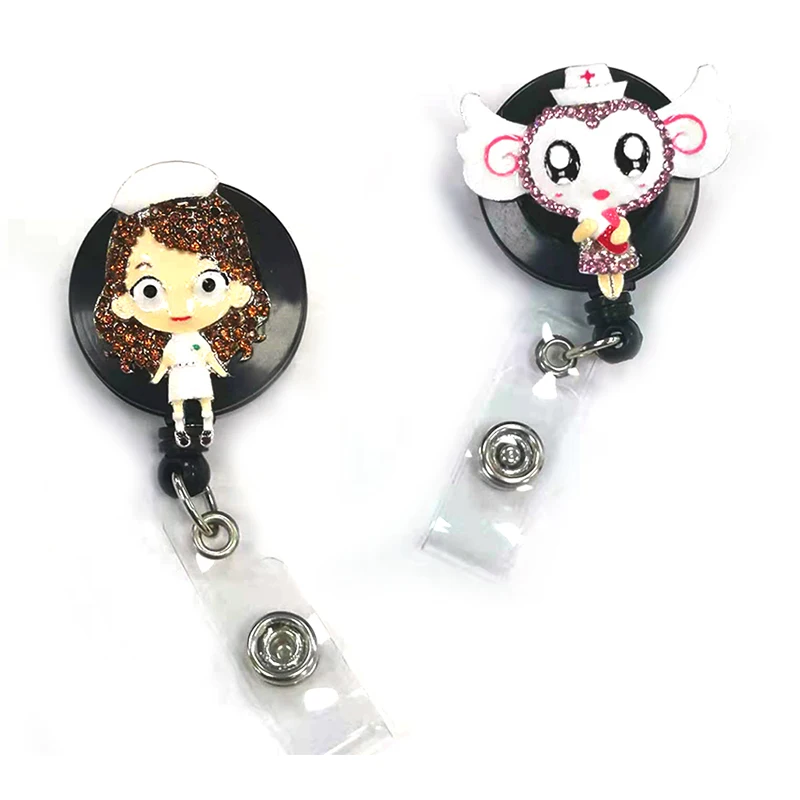 

10pcs/lot Cute design rhinestone enamel angel medical retractable id badge holder reel for nurse