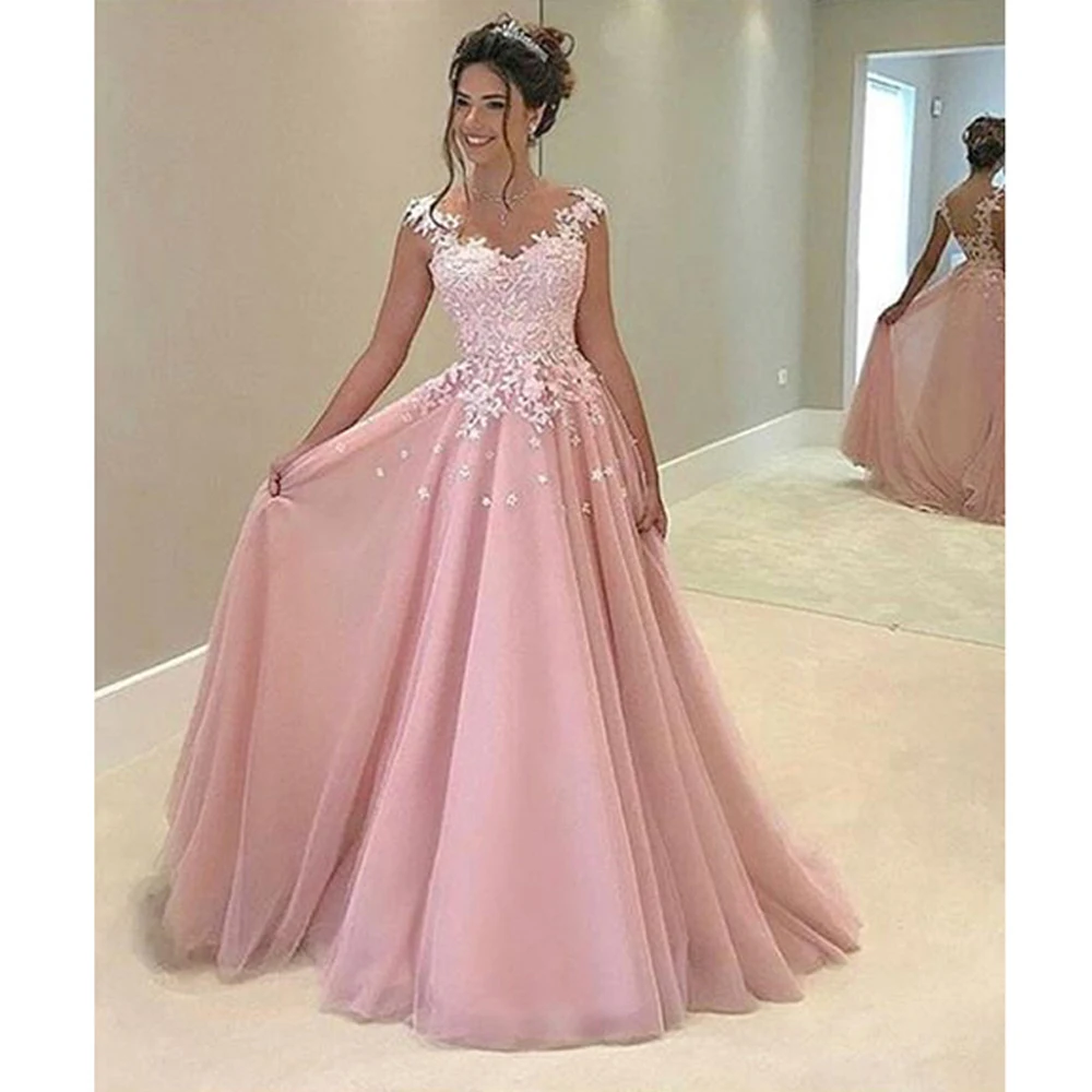 Pink Appliques Prom Dress, Lace Prom Dress, Pink A-line Prom Gowns, Long Prom Dresses,Charming Prom Dresses,Evening Dress Prom Gowns, Formal Women Dress
