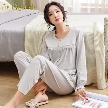 

J&Q Women Long Sleeve Pajama Set 2019 Spring Trendy Women Home Clothing 2 Pcs Solid Plus Size Sleepwear Cotton Fashion Pajamas