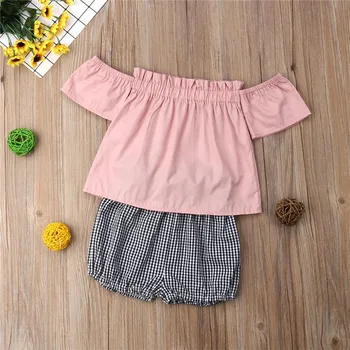 オンライン 2 個新生児ガールソリッドオフショルダーショートトップス + PP パンツ衣装服ファッショナブルな夏のスーツ新スタイル