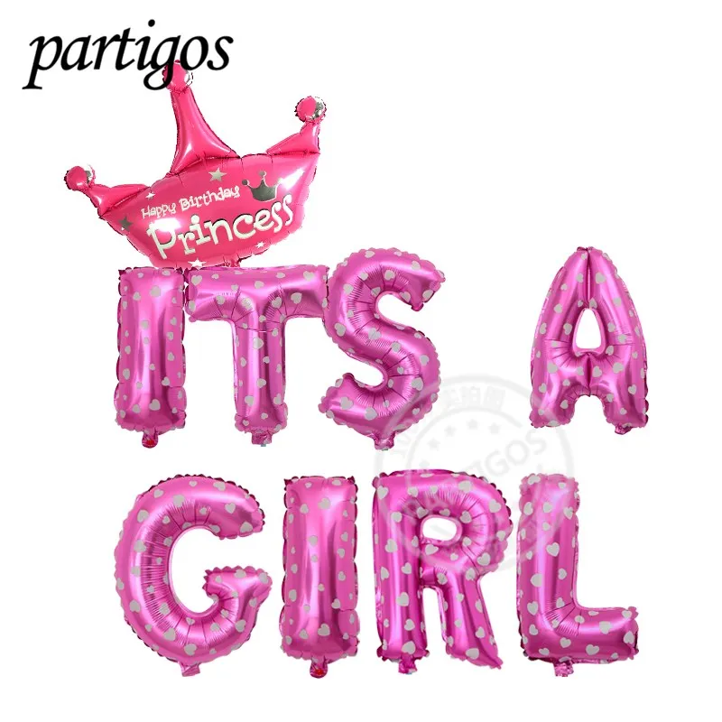 

Gender Reveal Decor 9pcs/lot 16inch ITS A BOY GIRL Letter Pink Blue Princess Crown Hat Balloon Birthday Baby shower Party Supply