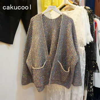 

Cakucool Women Bling Gold Lurex Cardigans Long Sleeve Pockets Knit Coat Outerwear Loose Korea v-neck Sweater Open Stitch Lady