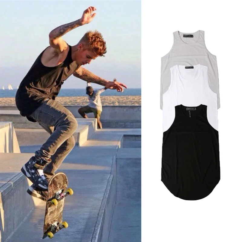 Streetwear Sleeveless Curved Hem Long line Tops Summer Hip Hop Extended tank top men Urban Blank Vest Justin Bieber TX151-R