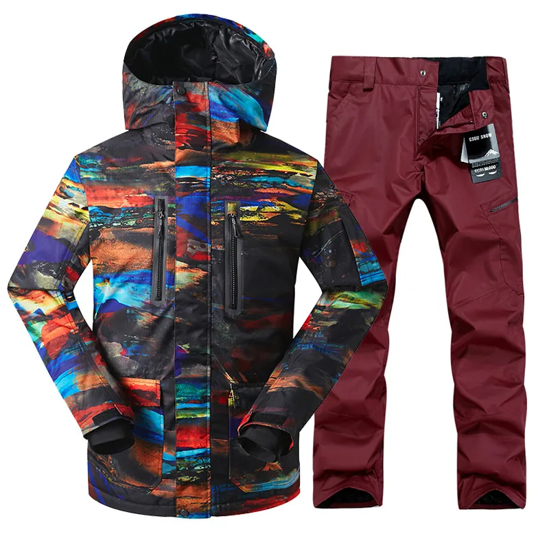 GSOU Снежный бренд, лыжный костюм, Мужская лыжная куртка, брюки, водонепроницаемые комплекты, для сноуборда, дешевые мужские горные лыжные костюмы, уличная спортивная одежда